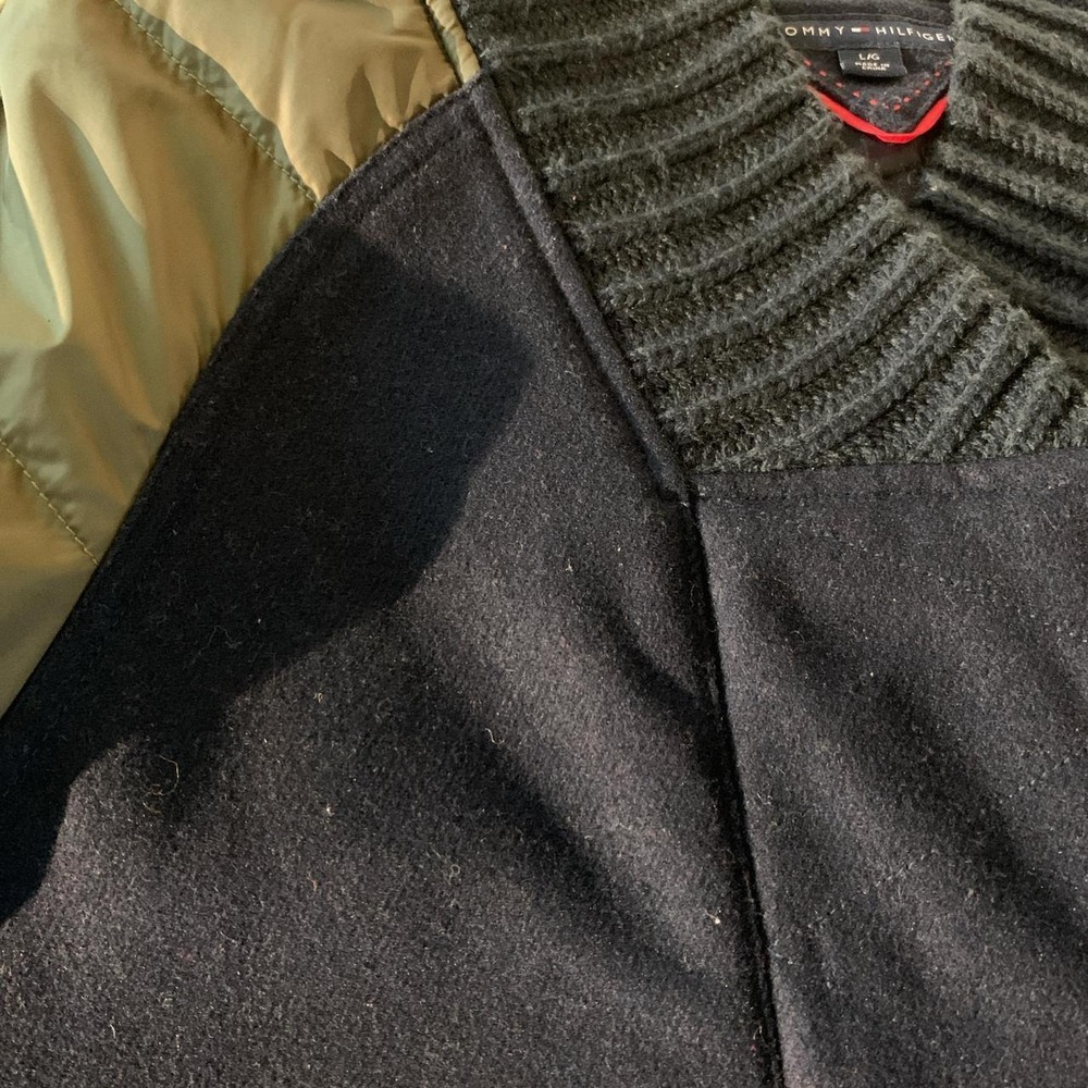 Tommy Hilfiger Mens Large Wool Puffer Sleeve Fall Jacket Navy Blue Bomber - Picture 4 of 5